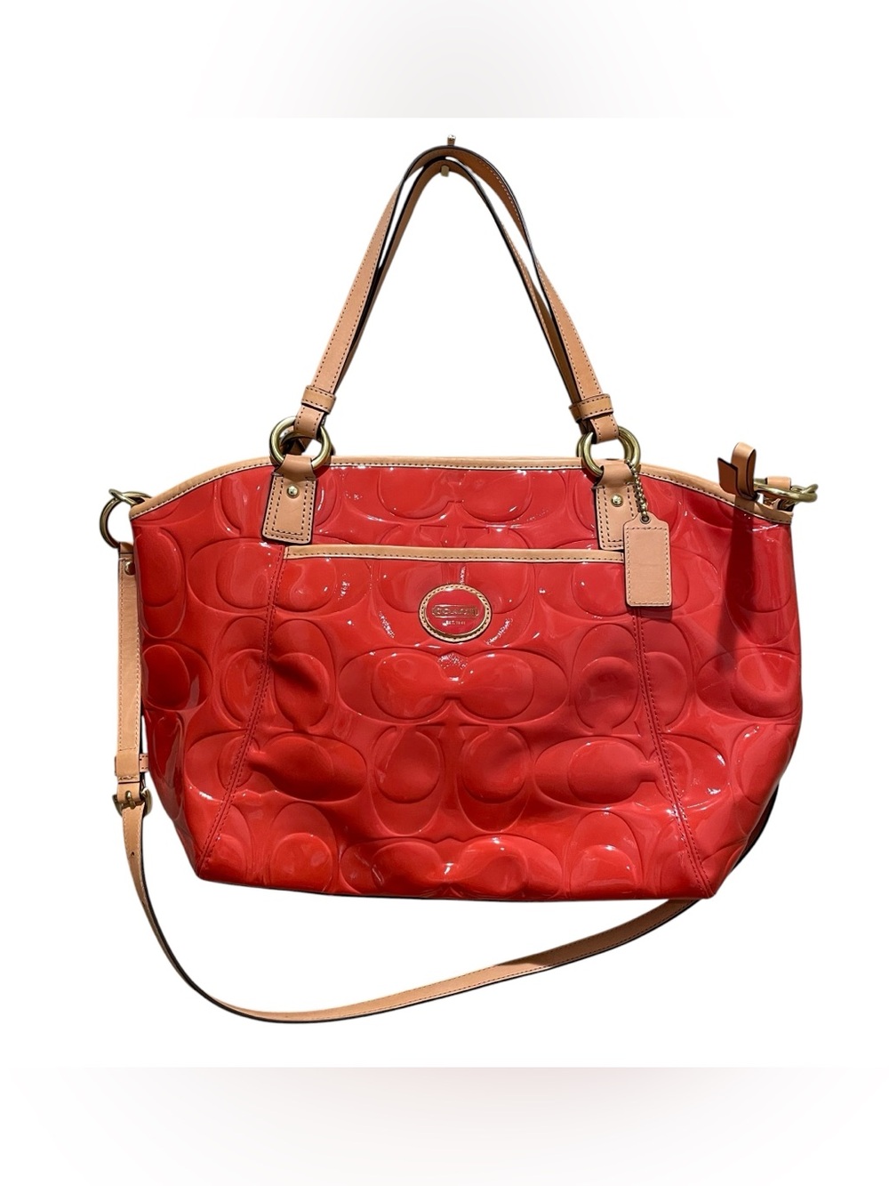 Coach Peyton Embossed Patent Leather Coral Orange Shoulder Crossbody Tote F20028